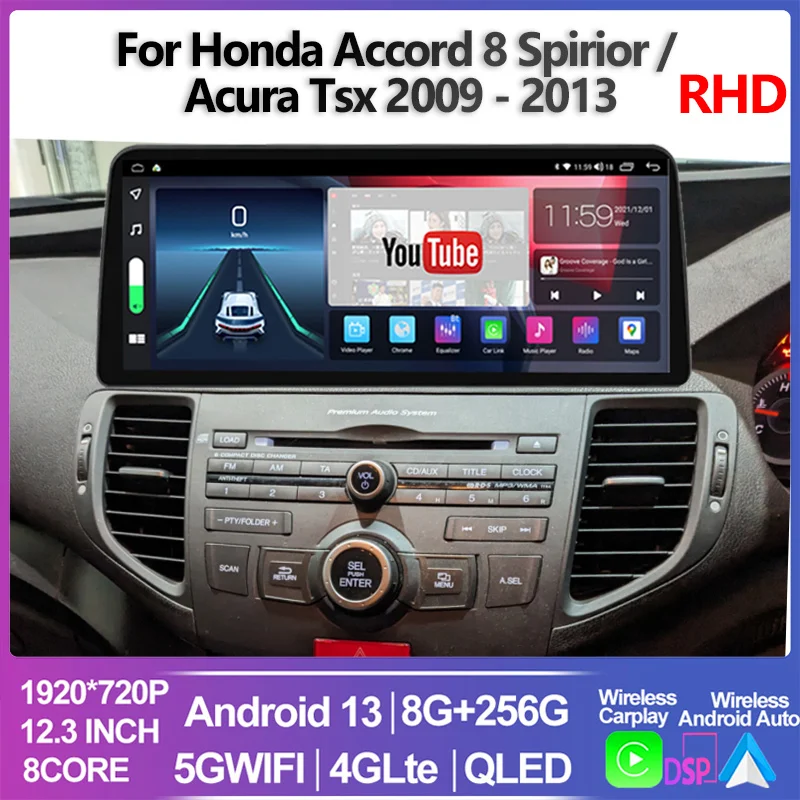 

For Honda Accord 8 Spirior / Acura Tsx 2009 - 2013 RHD Android 13 Car Radio Multimedia Player GPS Auto Carplay Screen Stereo