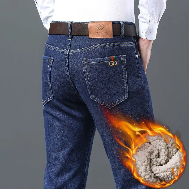 Winter Lamb Fluff Denim Straight Pants Men Thicken Big Size 40 Jeans High Waist Stretch Jeansy Fleece Lined Warm Slim Vaqueros