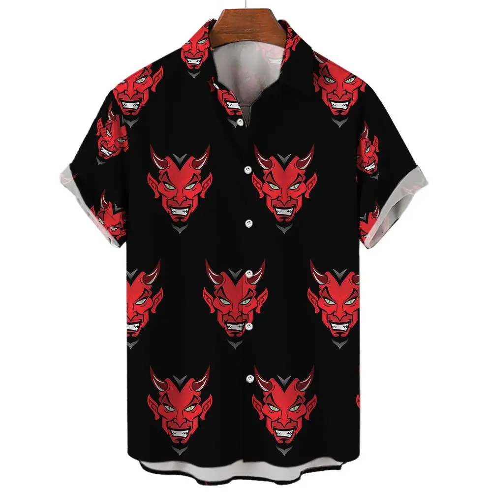 Devil Pattern Men\'s Shirts Oversized Shirt  Loose Causal Double Patchwork Red Imp Party Festival Camisas Original