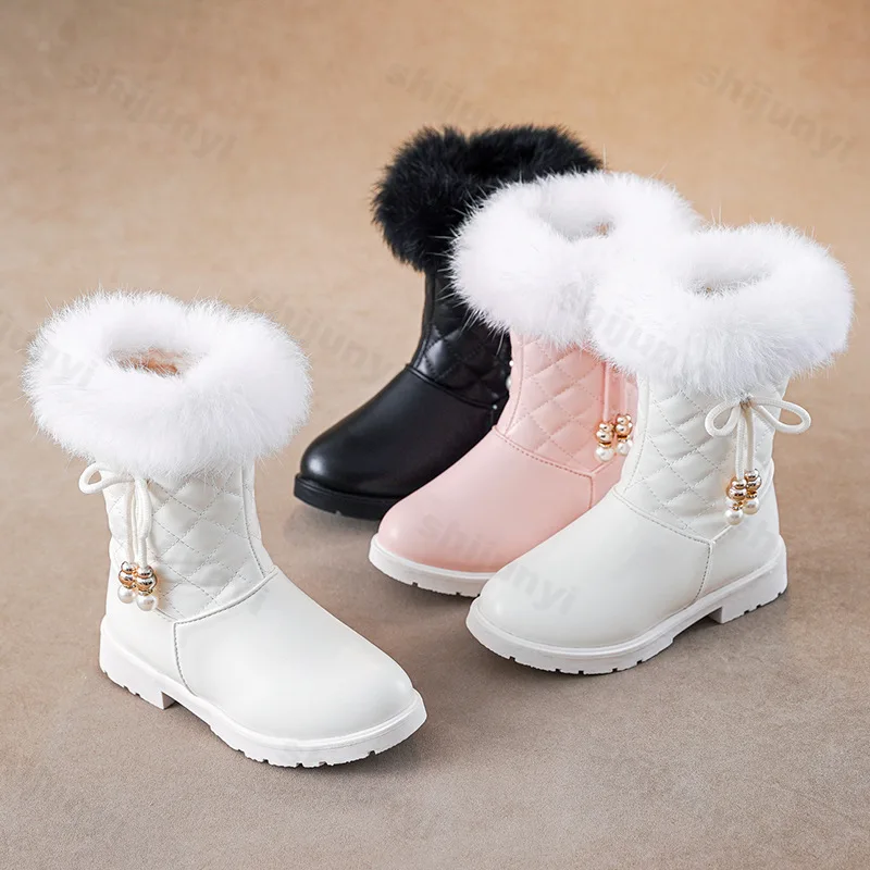 Winter Solid Color Children Fashion Mid-calf Boots PU Leather Side Zip Girls Cotton Shoes Plush Warm Anti Slip Kids Snow Boots