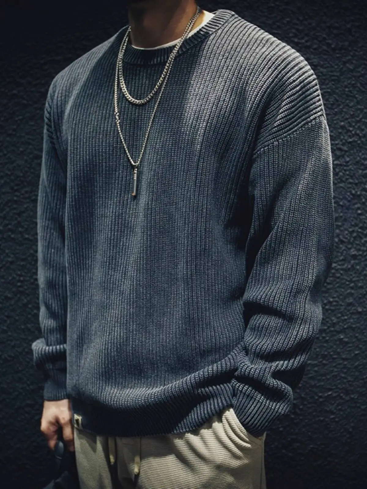 Man Sweater Retro Waffle Texture Knit Sweater For Men Crew Neck Long Sleeve Casual Versatile Workwear Inspired Basic Layer Top