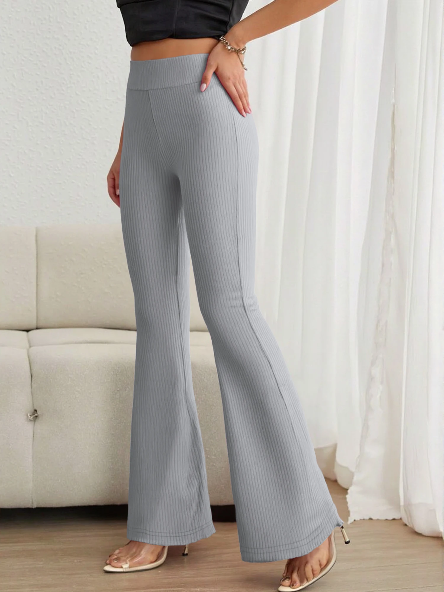 Year-Round Slimming Bell Bottom Pants, Stretch Vertical Texture Flare Trousers for Everyday Matching