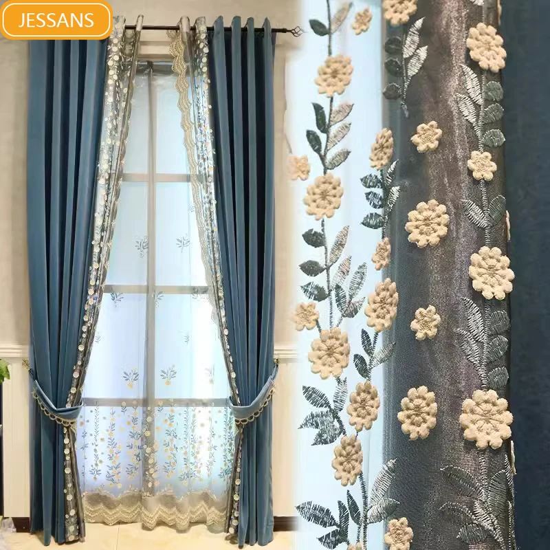 New French Light Luxury Blue-gray Embroidered Window Screen Spliced Velvet Curtains Custom Windows for Living Room and Bedroom