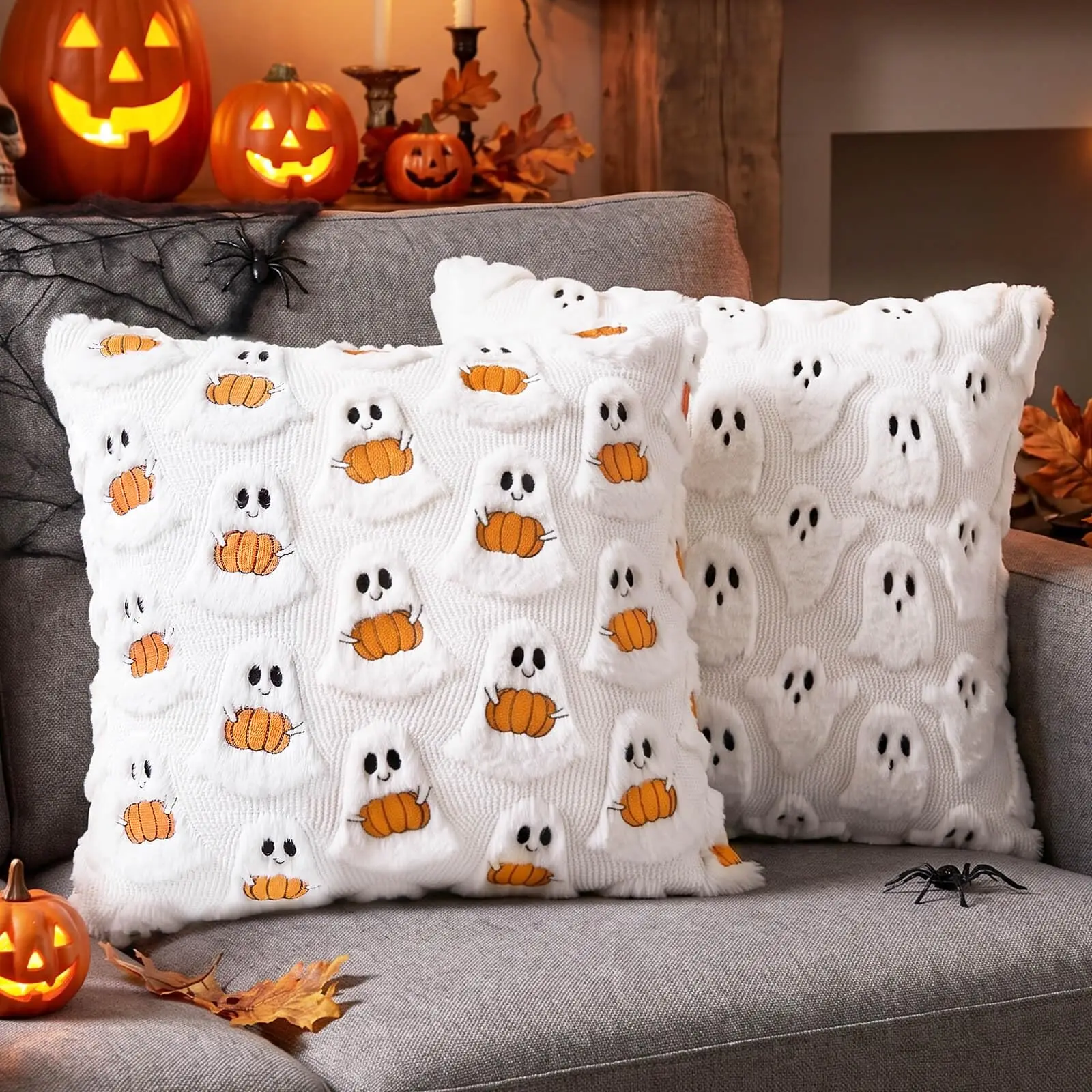 Halloween Throw Pillow Covers 18x18 Inch Ghost Decor Set of 2 Soft Plush Faux Fur Cushion Covers,Fall Ghost Pillow Case for Home