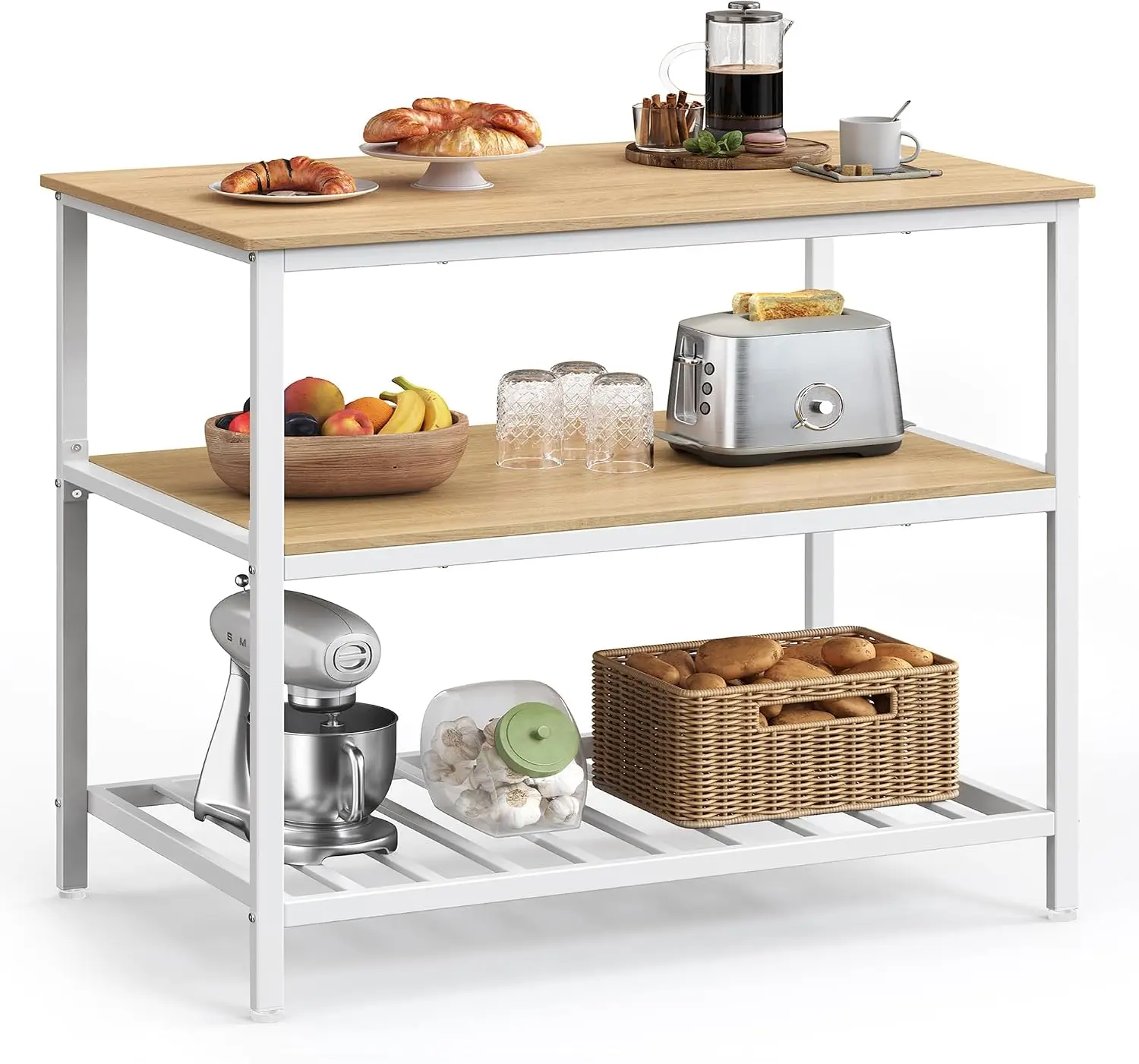 Kitchen Island Three Shelves 394 Inch Width Kitchen Shelf Large Worktop Stable Steel Structure Industrial Easy Assemble Oak Colo