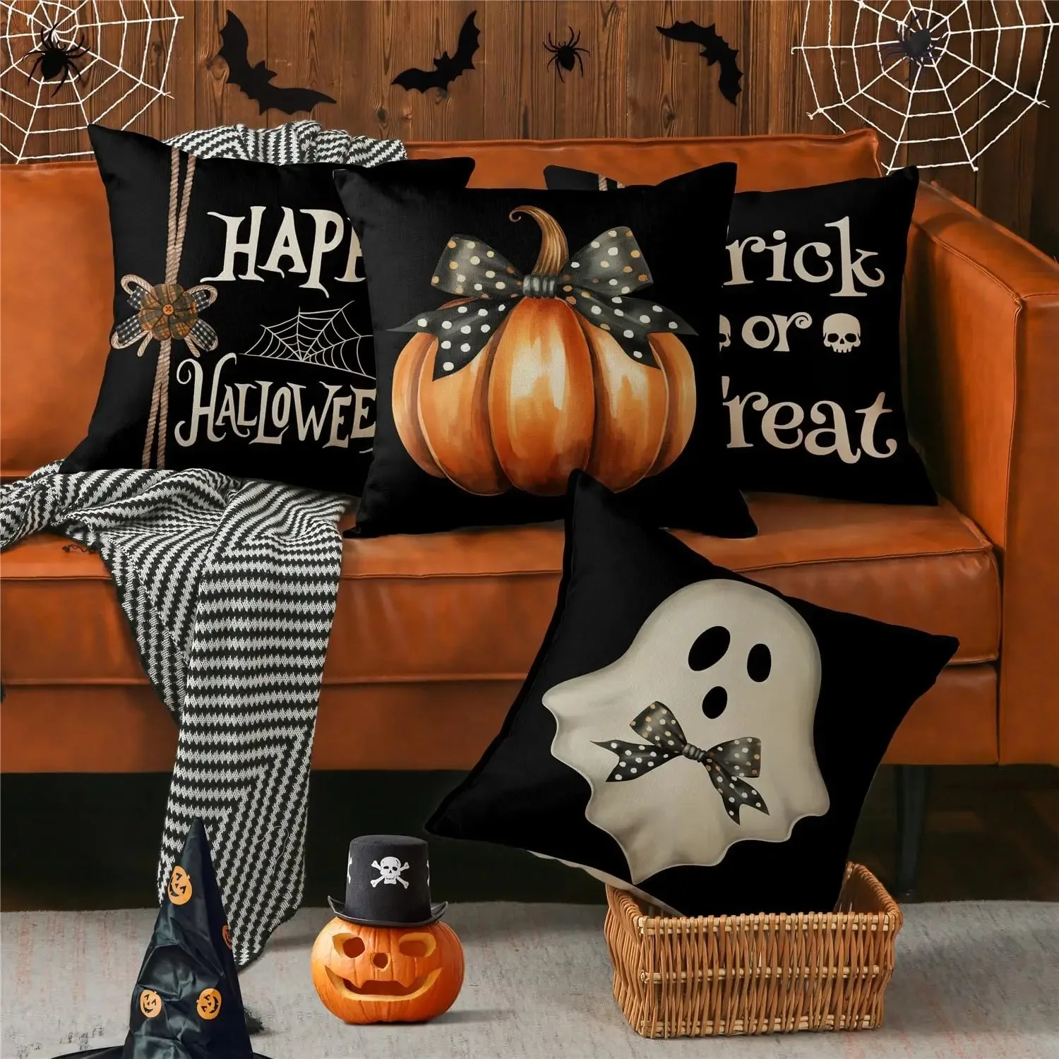 Covers of 4 Polka Dots Bow Spooky Halloween Decorations Pumpkin Throw Pillow Covers Trick or Treat Cushion Case for Sofa Couch