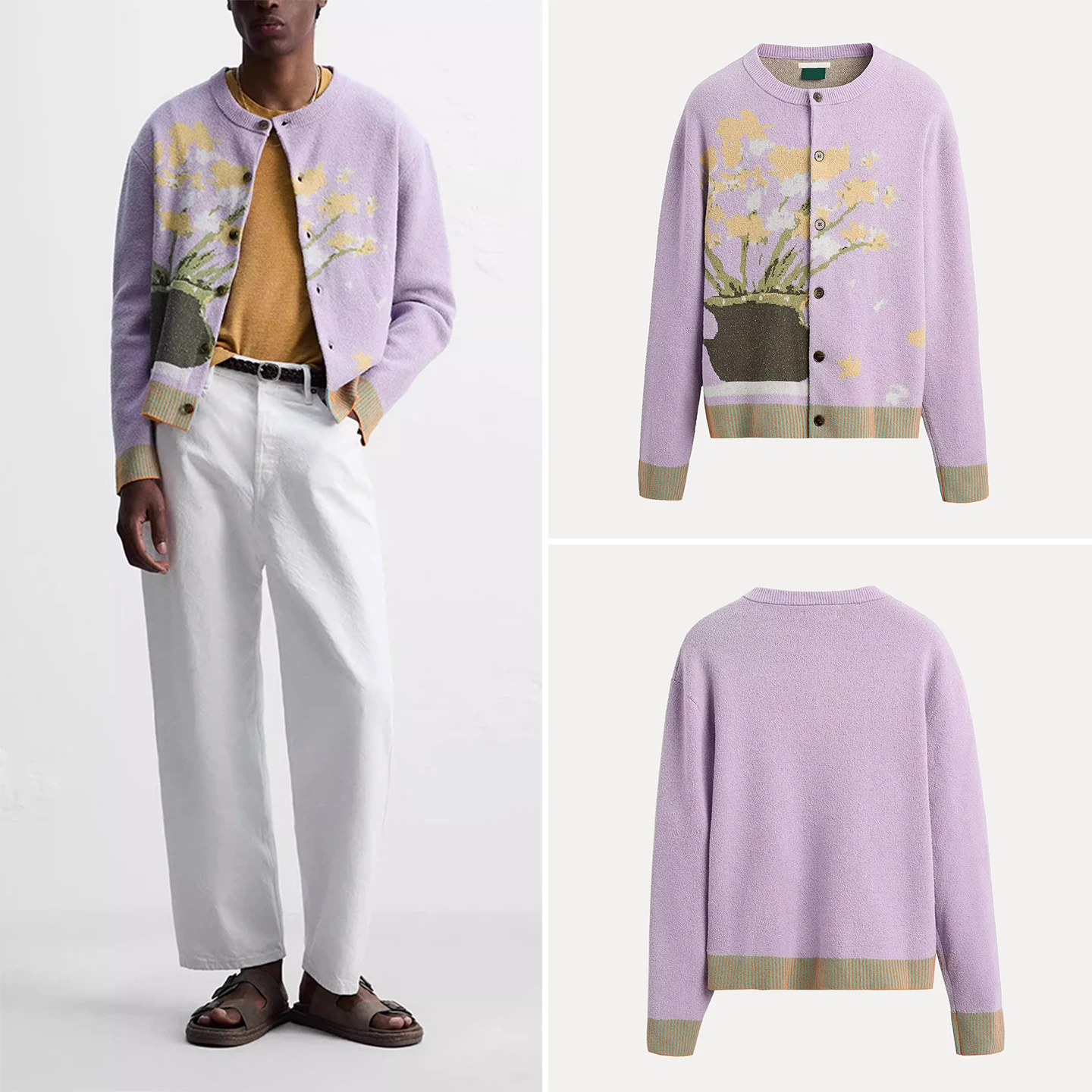 

Faionable round Ne Printed Knitted Cardigan Sweater for Men Loose Fit Long Sve Polyester Urban Sle Summer 2025