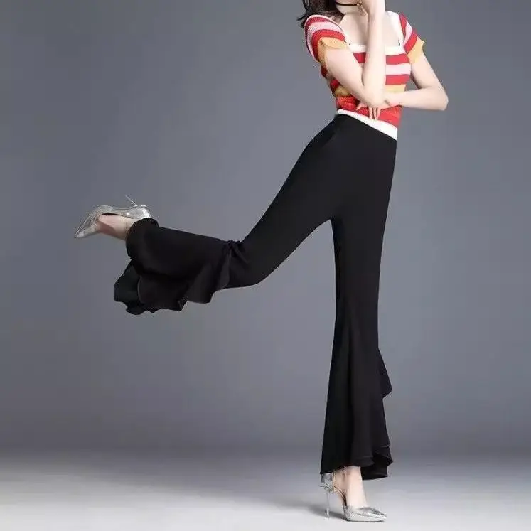plus Size Dance Pants Square Dance Slimming Flared Latin Dance Pants High Waist Casual Trousers for Women Black Classical