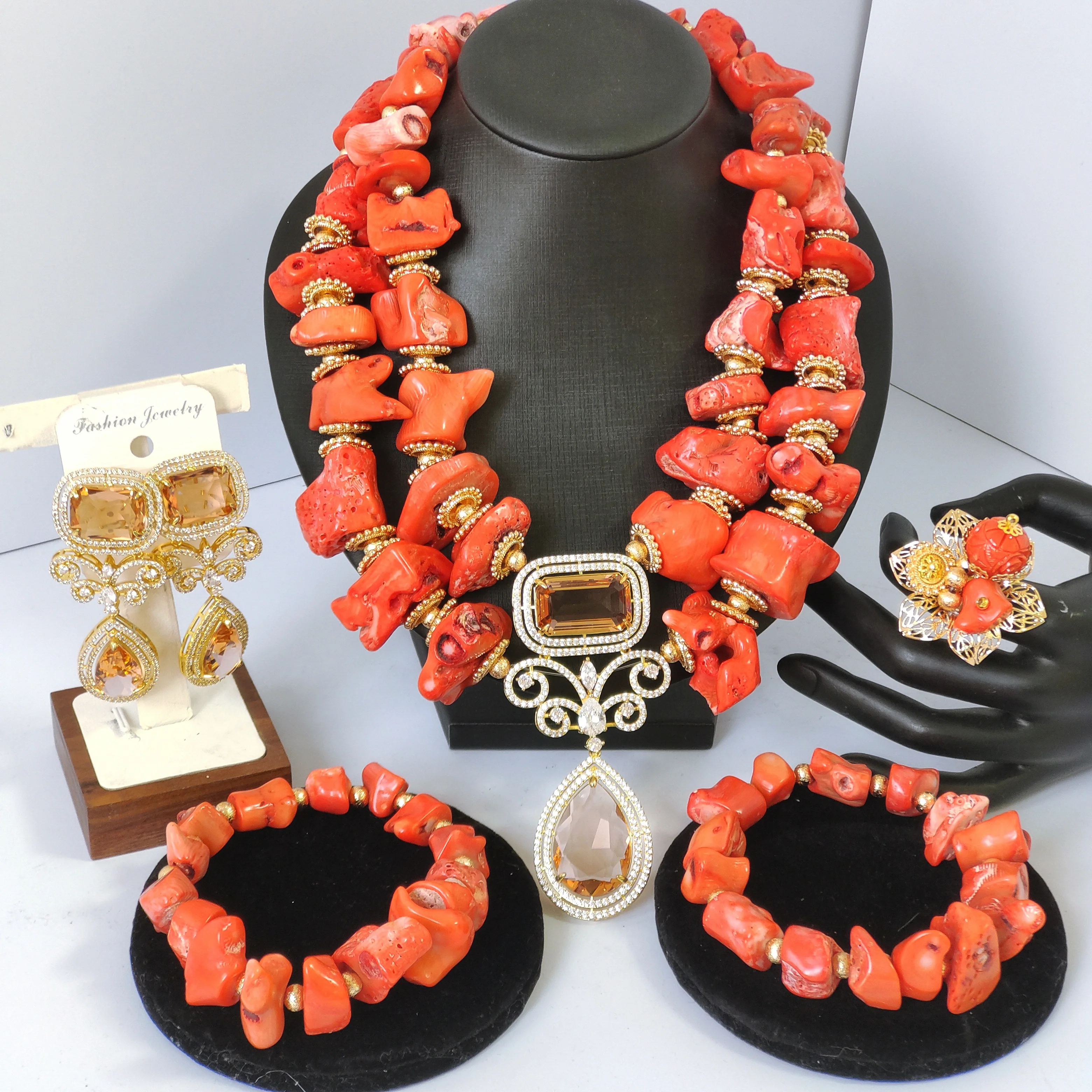 original orange coral bead necklace bracelets earrings ring bridal jewelry sets for weddings