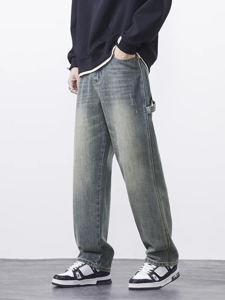 الشارع الشهير الهيب هوب الجينز الرجال خمر جيب تقسم ​ ​ واسعة الساق الأزياء السراويل البضائع الكورية Y2K فضفاض الخريف الدنيم السراويل