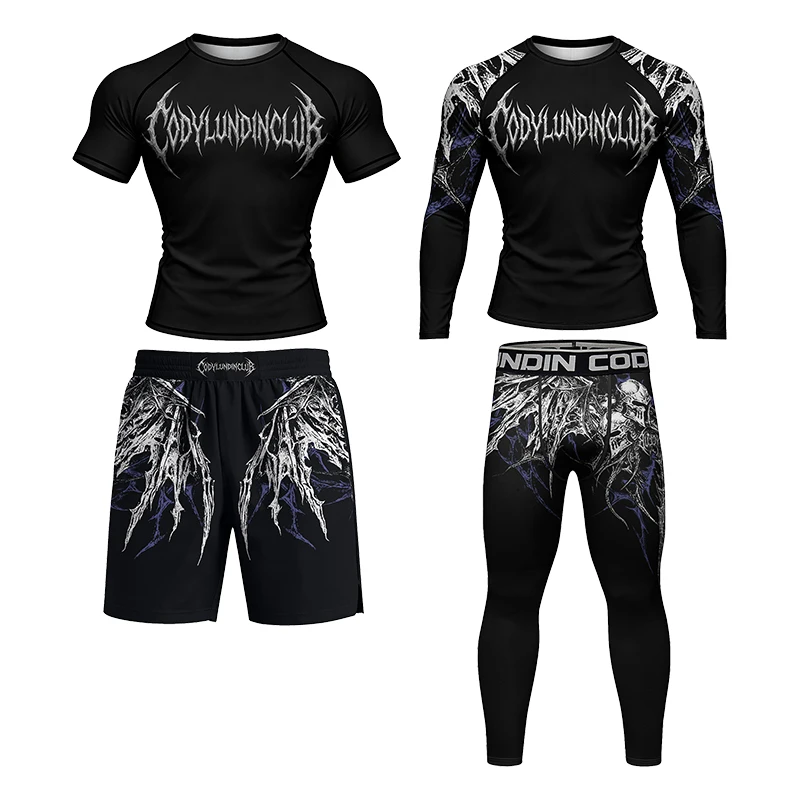 Cody Lundin Grappling Brazilian Jiu Jitsu 4-PCS Outfit Men's Tight Fit MMA Rash Guard + Compression Pants Activewear Set