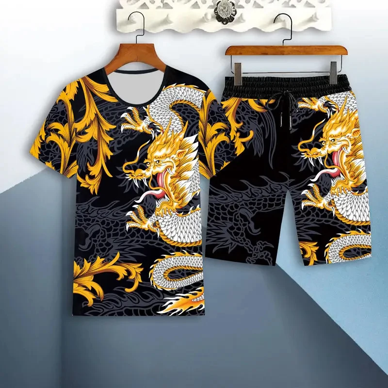 

Комплект спортивный мужской из двух предметов, пляжные шорты, футболка с 3D-принтом дракона, круглый вырез, Одежда большого размера для спорта, лето