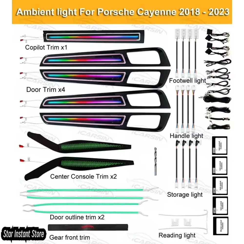 

256 цветов окружающего освещения с управлением через приложение для Porsche Cayenne 2018-2023, комплект внутренних светодиодных лент с синхронизацией музыки и беспроводным пультом дистанционного управления