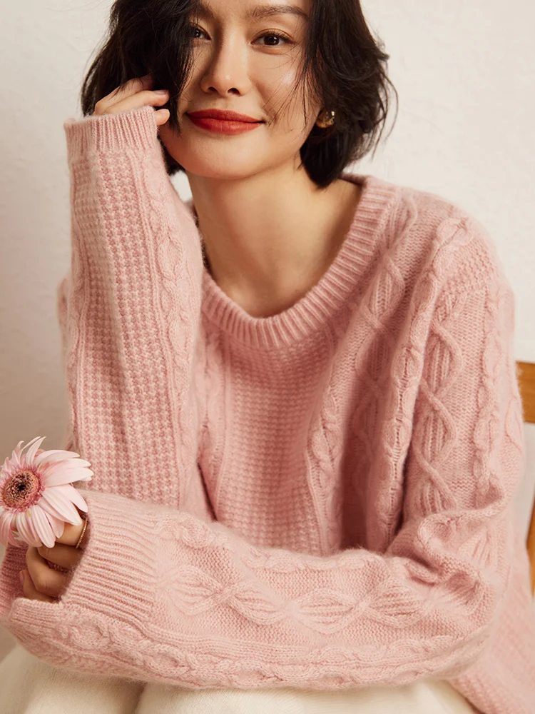 

M.Chic Autumn Winter Basic Casual 100% Cashmere Twisted Knit Sweater Grace Women's O-Neck Pullover Thick Warm Soft Fashion Tops