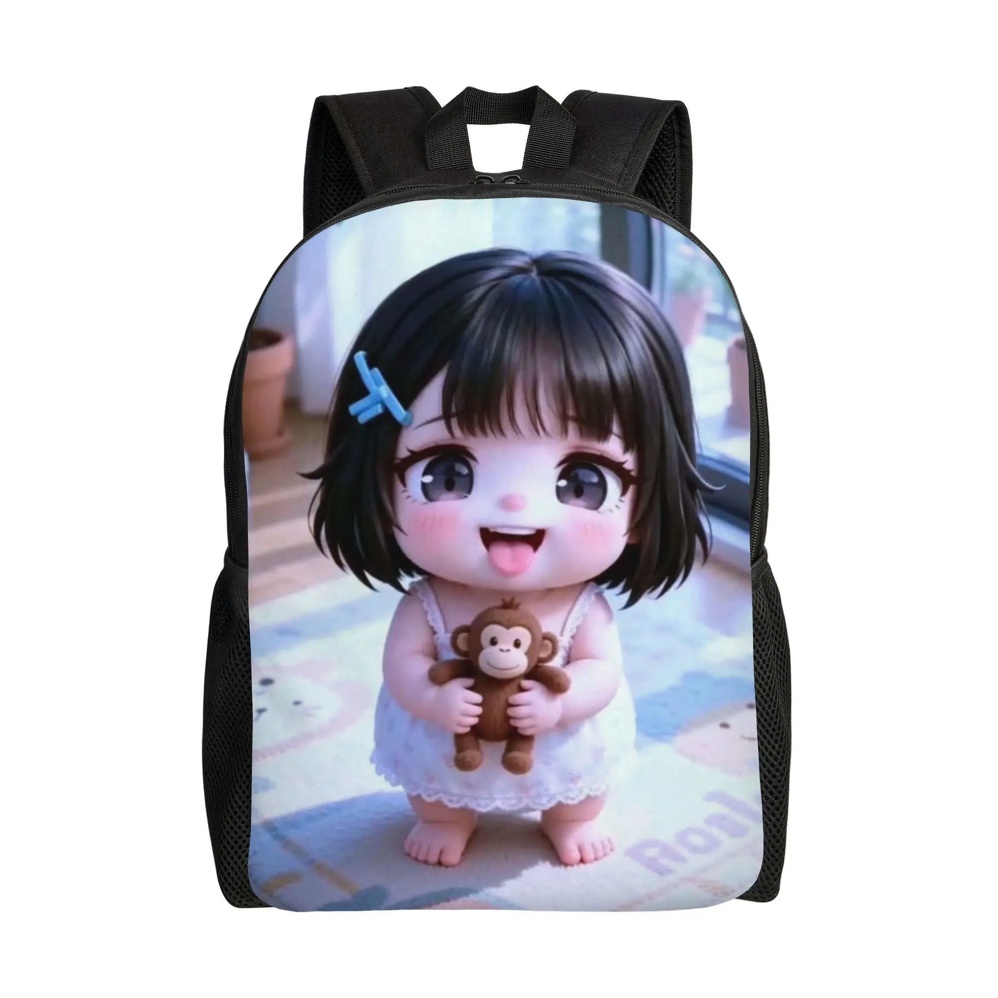 Back to school season Multi-Function gugu gaga Chibi Dark Hair Monkey Cute Kawaii Indoor Portrait Knapsack  Unisex Backpack
