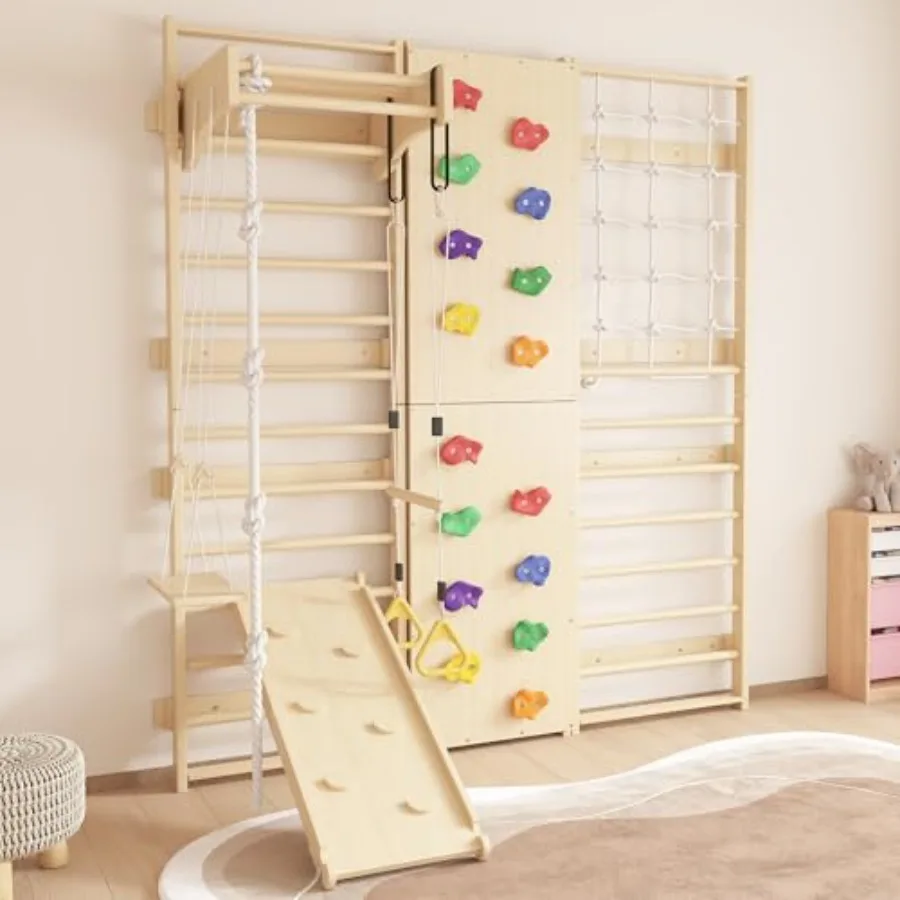 

9-in-1 Wooden Wall-Mounted Climbing Set for Indoor Play 94.5'' Swedish Ladder Gym with Double-Sided Slide Swing Rope Rings Monk
