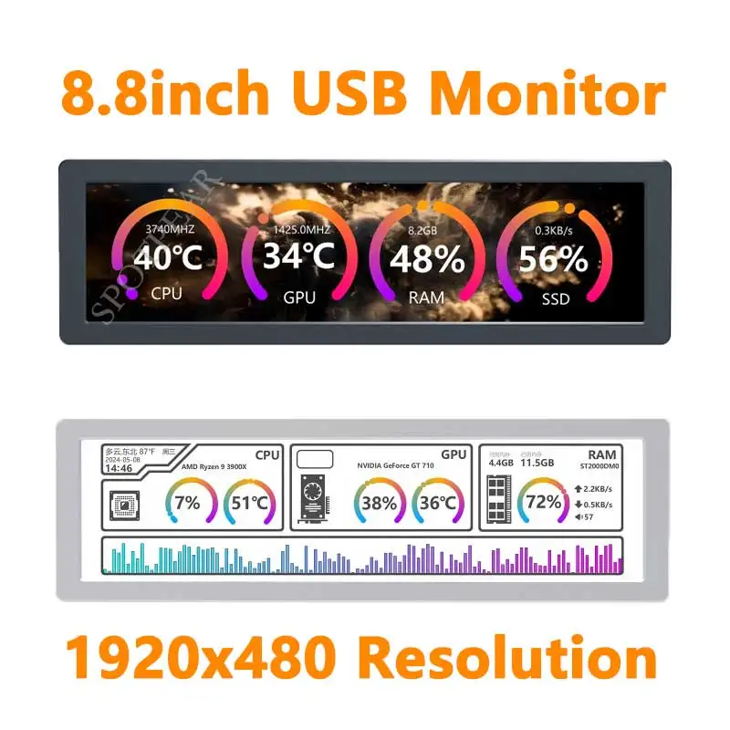 8.8inch LCD PC Monitor 1920x480 Computer Display Secondary Screen TypeC USB CPU RAM