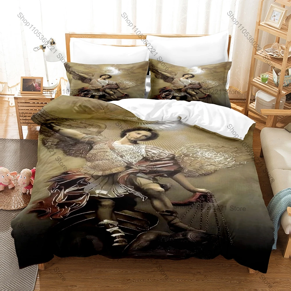 St.Michael Themed Bedding Set, Duvet Cover & 2 Pillowcases, Classic Angel Pattern Breathable Fabric All Season Use