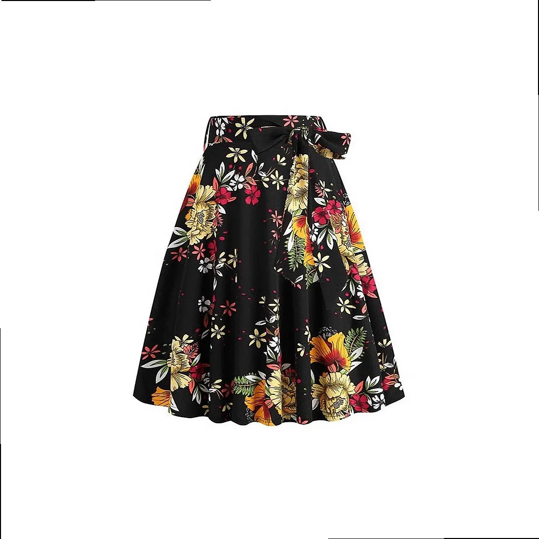 Amazon cross-border European and American women's retro polka dot flower A purple group belt printed skirt versatile 8139