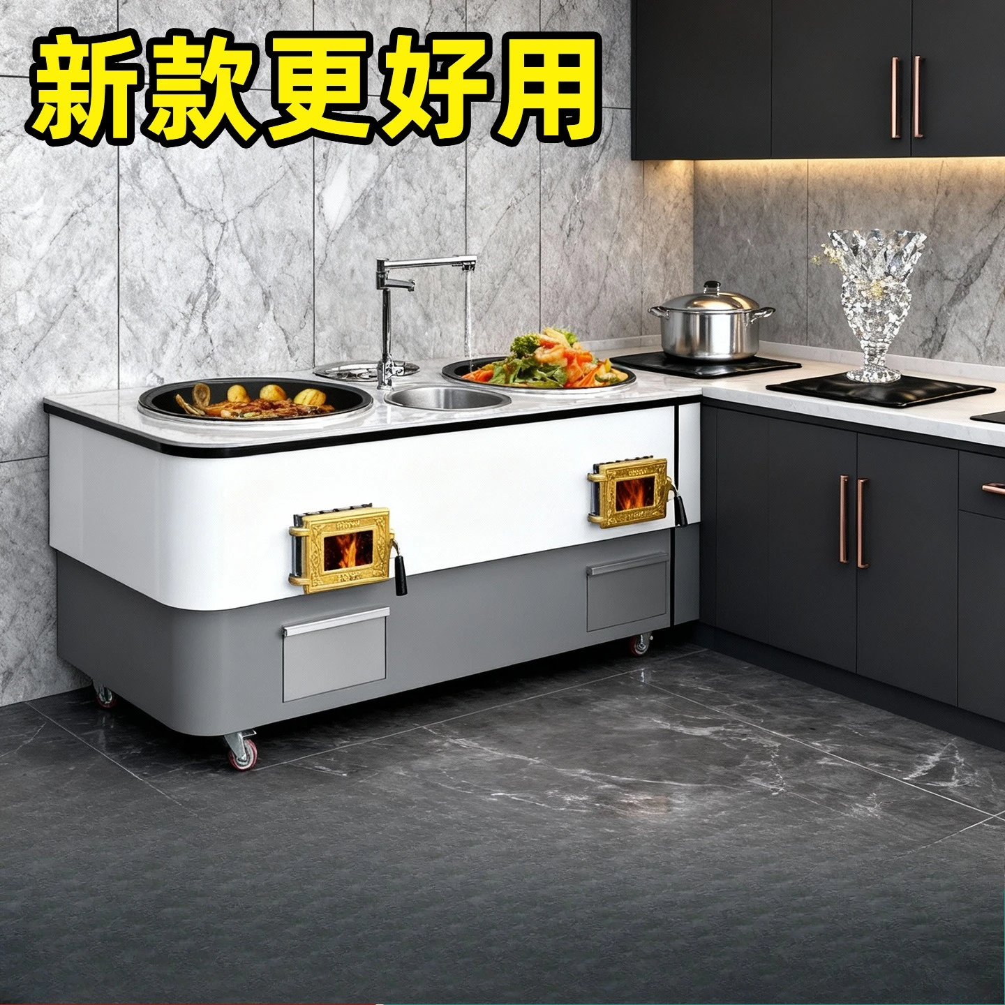Wood stove for household use, firewood burning, high-end sintered stone double-pot stove, mobile pot stove 5
