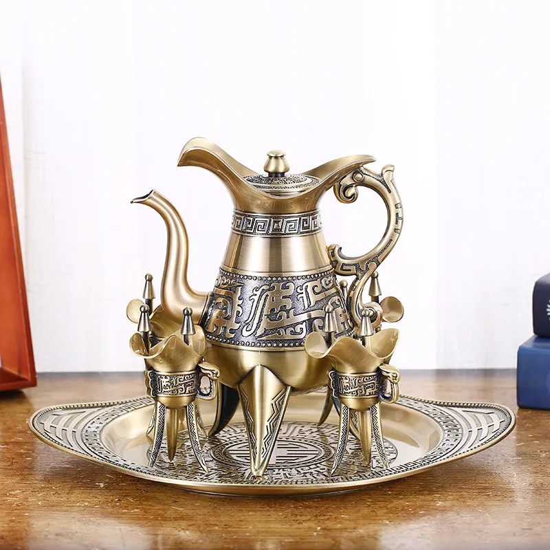 Bronze Baijiu wine set, home creative ornament, wine bottle drinker, jazz cup set, gift box, handicrafts.