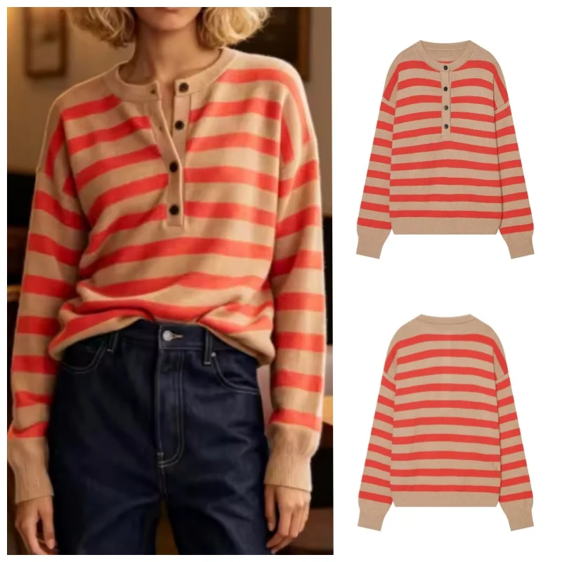 Guobioziy 2026 Women's New Long-Sleeve Crew Neck Striped Knit Sweater Fashionable and Versatile Elegant