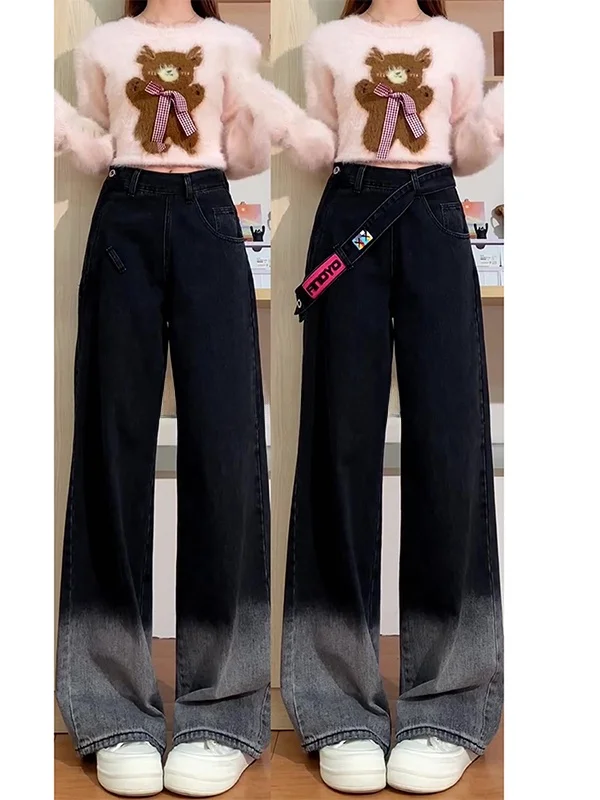 High Waist Wide Leg Zipper Side Gradient Denim Jeans Women's Autumn Winter American Retro High Street Straight Cut Pants