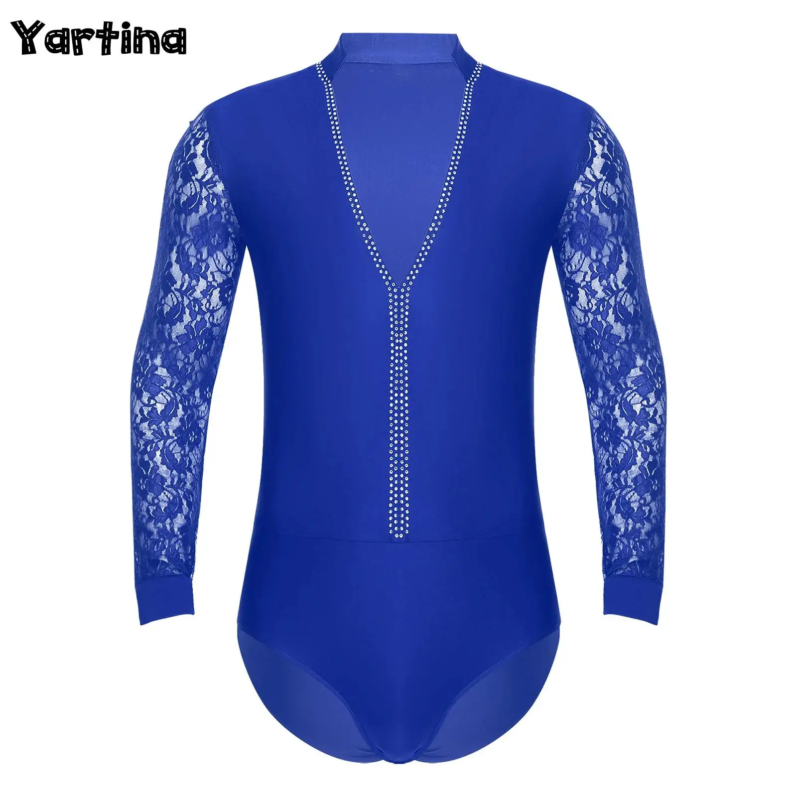 Mens Tango Latin Ballroom Dance Performance Bodysuit Floral Lace Long Sleeve Deep V-neck Sparkling Rhinestones Leotard Costumes