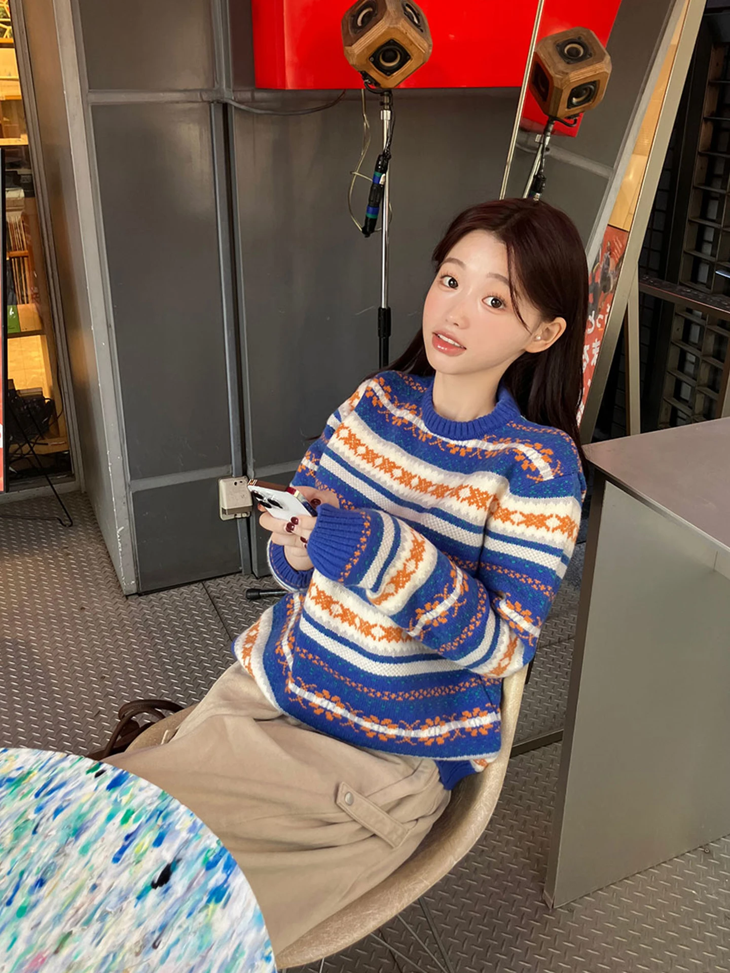 

Retro Anti-Aging Fair Isle Color Blo Soft Long Sve Women's Knitted Sweater Autumn Winter Versatile White Enhancing Base ...