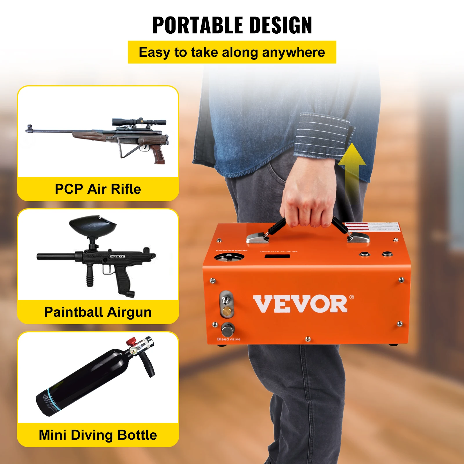 VEVOR PCP Air Compressor 4000/4500 PSI Portable 24V/12V PCP Airgun Compressor Auto/Manual Stop Suitable for Paintball, Air Rifle