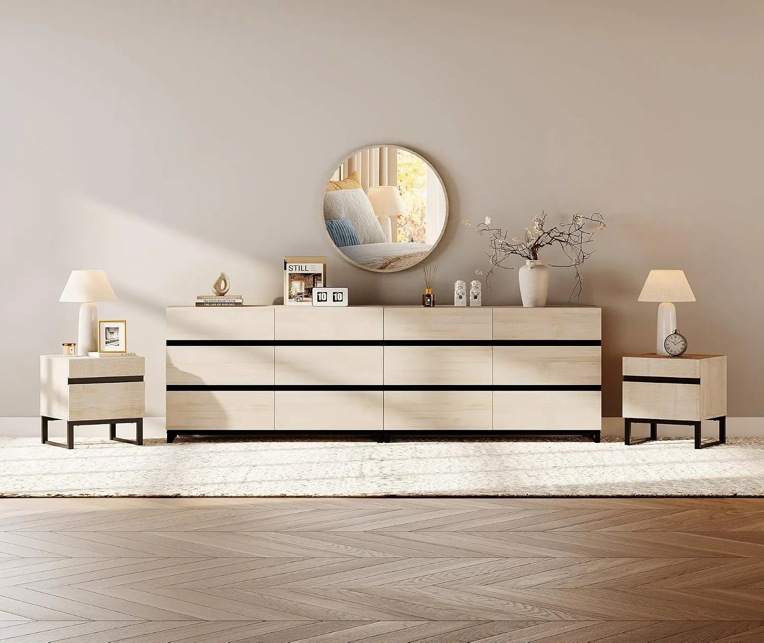 Modern Bedroom Furniture Set 94.5-Inch 12-Drawer Dresser & 2 Nightstands with 2 Drawers Side Tables Beige, Customized