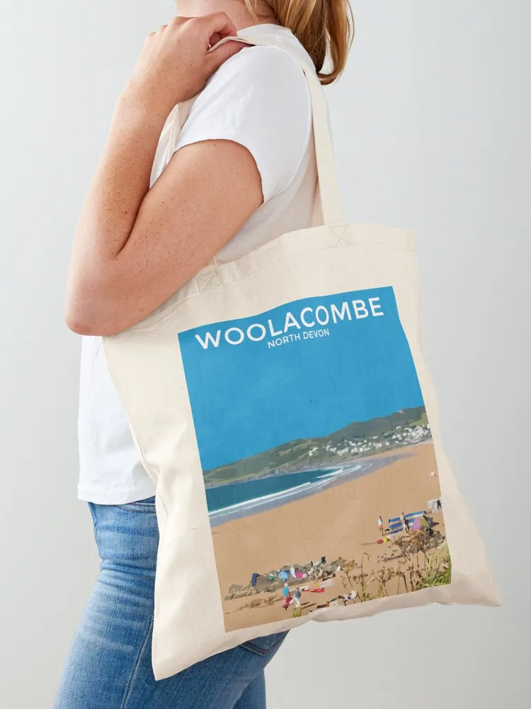 Woolacombe Beach Devon Seaside Art Print Travel Poster Tote Bag bags for women custom fabric bag Reusable bags