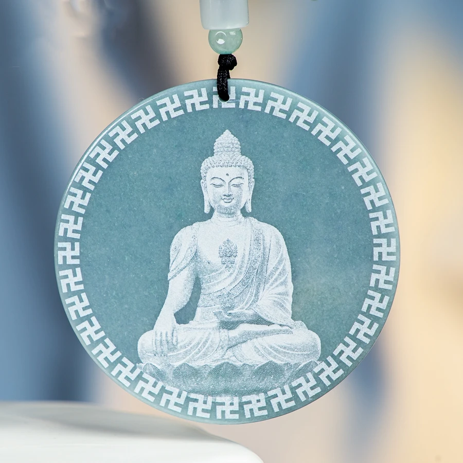 

TIMESWIND Light Blue Natural A-type Jade Ice Sense Shadow Carving Rulai Buddha Pendant Men Necklace with Certificate