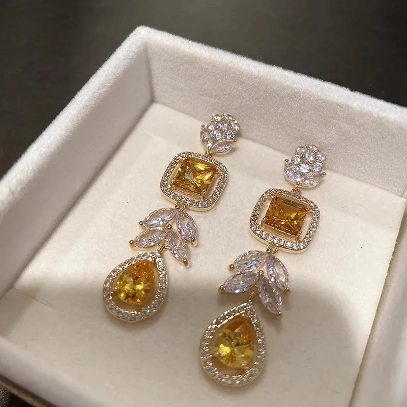 Flower Colorful Long Light Luxury Zircon Exquisite Earrings