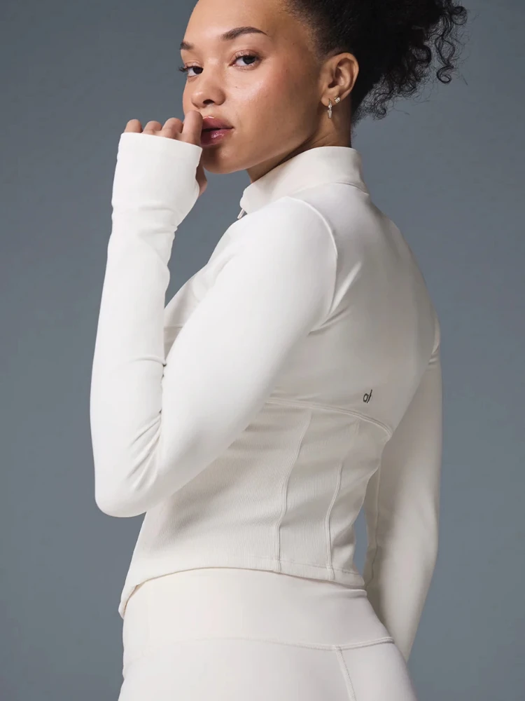 Chaquetas de Yoga Al, camisas ajustadas de manga larga para mujer, abrigo corto con cremallera, cuello levantado, Top deportivo blanco y negro para Fitness