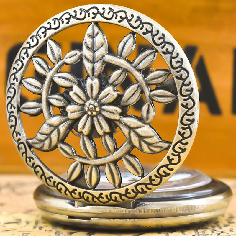 الرجعية البرونزية Steampunk مخرمة الأزهار الوجه الأعلى الذكور والإناث طالب هدية الكوارتز قلادة ساعة الجيب التذكارية
