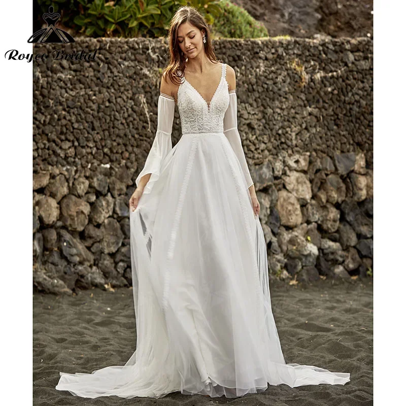 

A Line Boho Bohemian Wedding Dresses with Detachable Flare Sleeve V Neck Backless Lace Chiffon Spaghetti Straps Roycebridal 2025