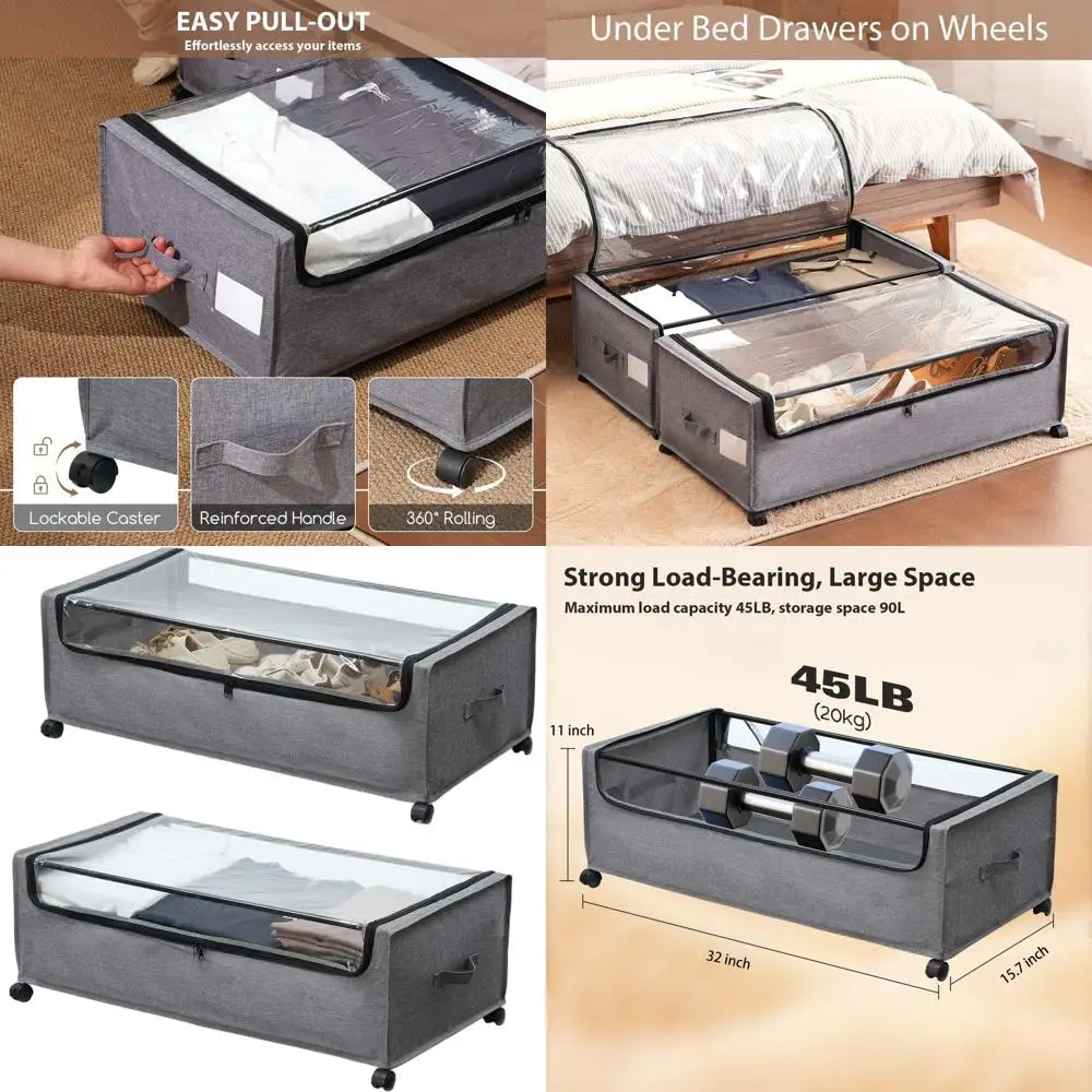 

Extra Large Rolling Underbed Storage Box with Clear Zippered Lid - 90L Capacity for Clothes and Shoes