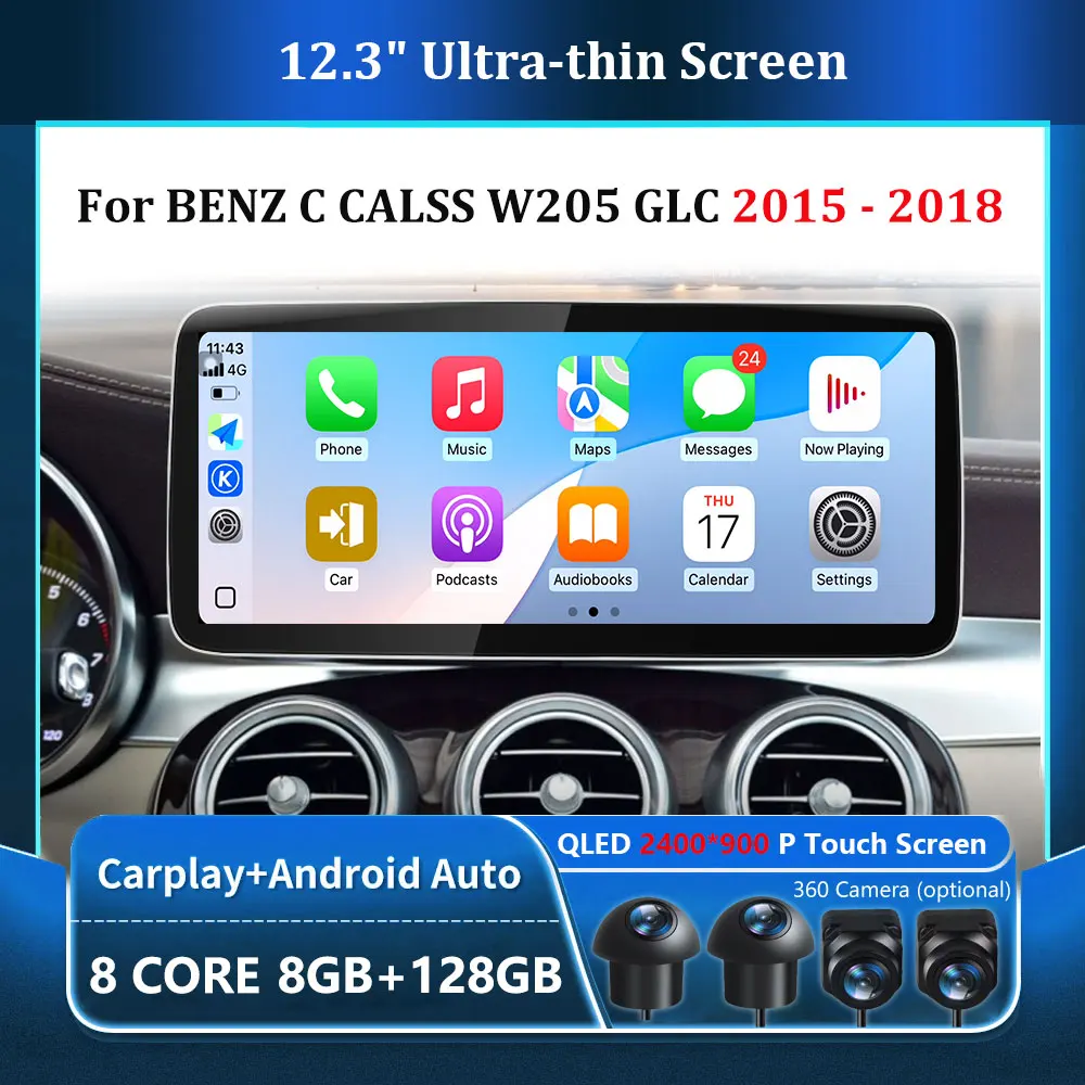 Для BENZ C CALSS W205 GLC 2015-2018 Android 15, интеллектуальная система, автомобильный видеомультимедийный плеер, GPS-навигация, 4G QLED HD-экран
