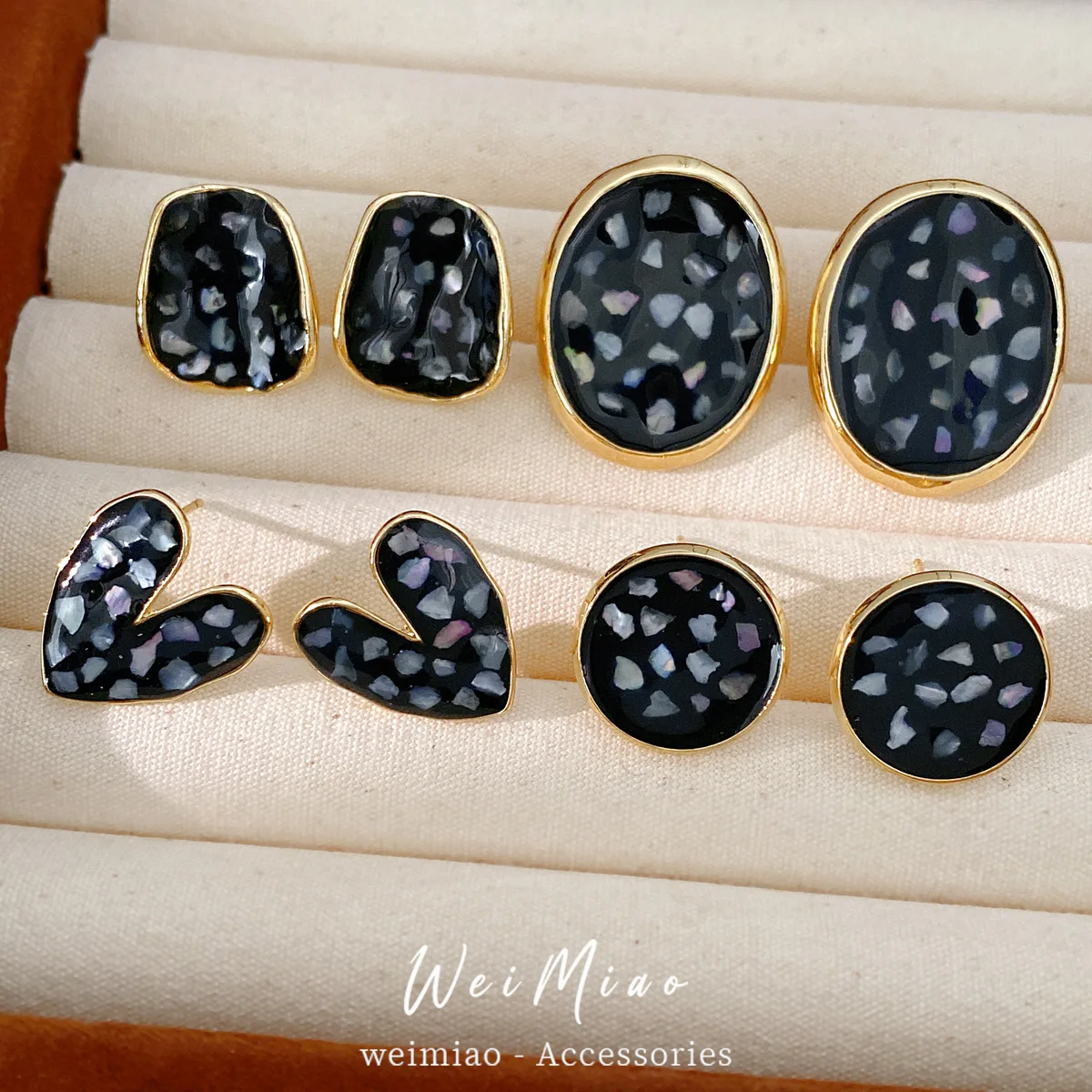 Vintage Black Mosaic Shell Pattern Earrings Set Geometric Oval Heart Circle Stud Earrings Retro Women Party Jewelry Gift Pack