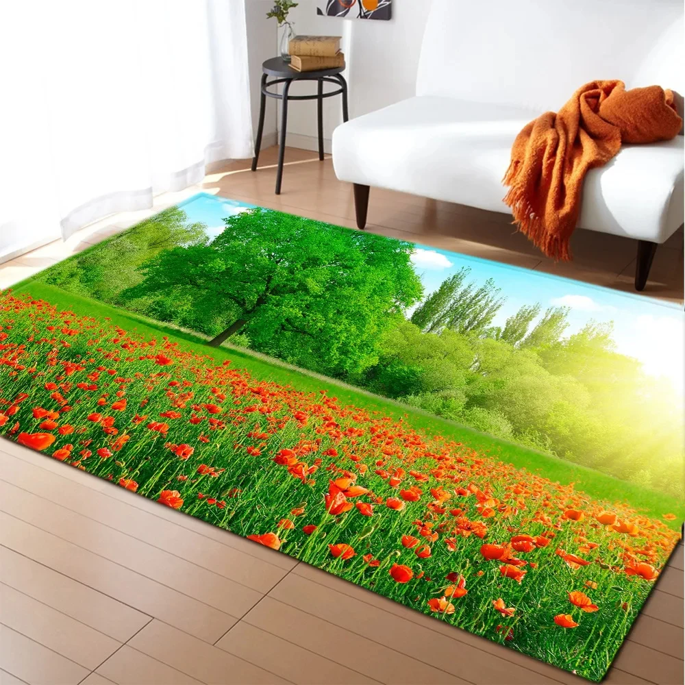 3D Print Poppies Flower Carpet Natural Scenery Floor Mat Sunlight Landscape Home Entrance Door Mat Living Room Rugs Bathroom Mat