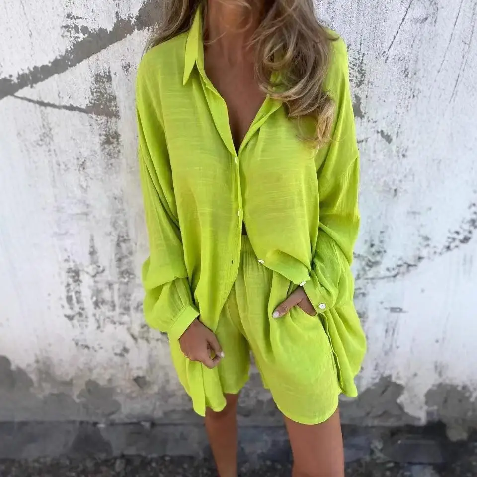 

Женский комплект из морщинистого шелка irt, повседневная футболка Sle Long Sve, летний комплект Faion для взрослых, однотонный узор