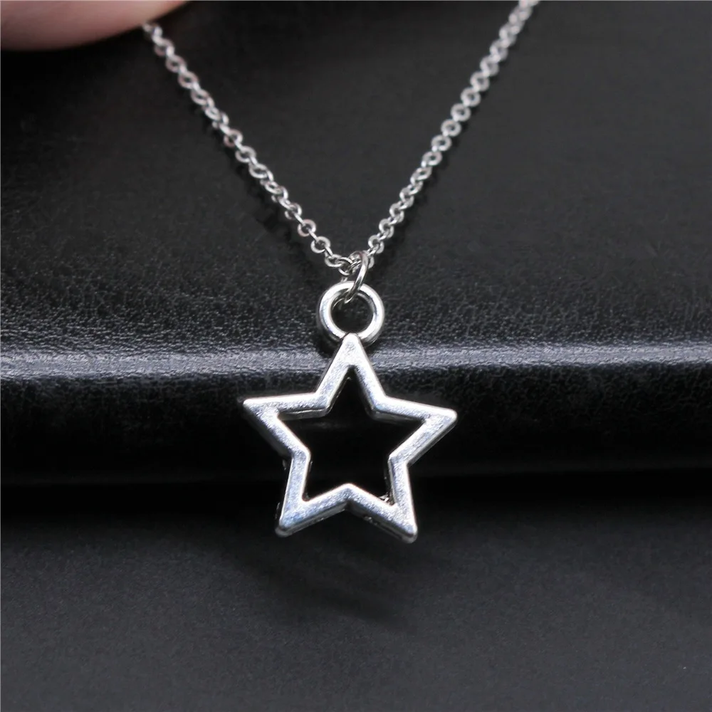 Drop Shipping Antique Silver Color 18x21mm Hollow Pentagram Necklaces Short Chain Choker Necklaces