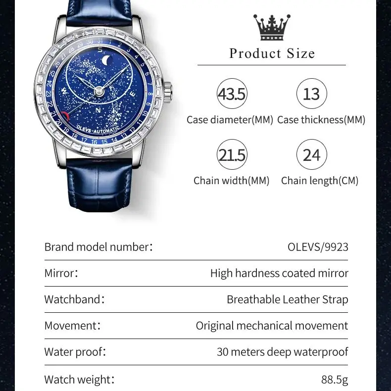 OLEVS Starry Sky Blue Luminous Men\'s Watch Automatic Mechanical Leather Strap Waterproof Wristwatch TOP Brand Men Watch Business