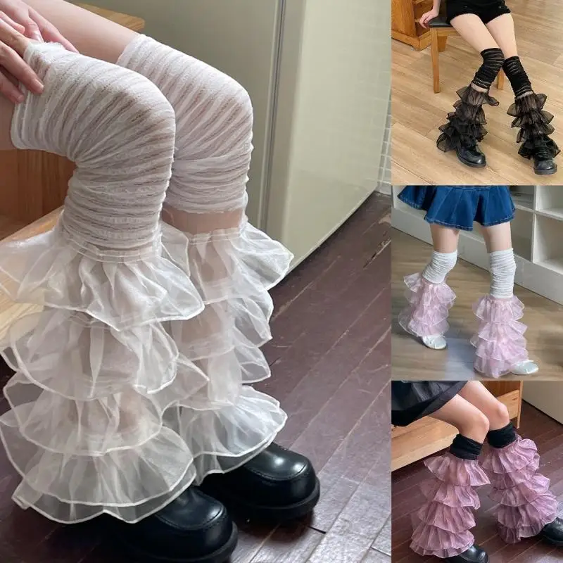

L5YC Women Ruffle Lace Leg Warmer Mesh Flared Leg Sleeves Sweet Thigh High Leg Socks