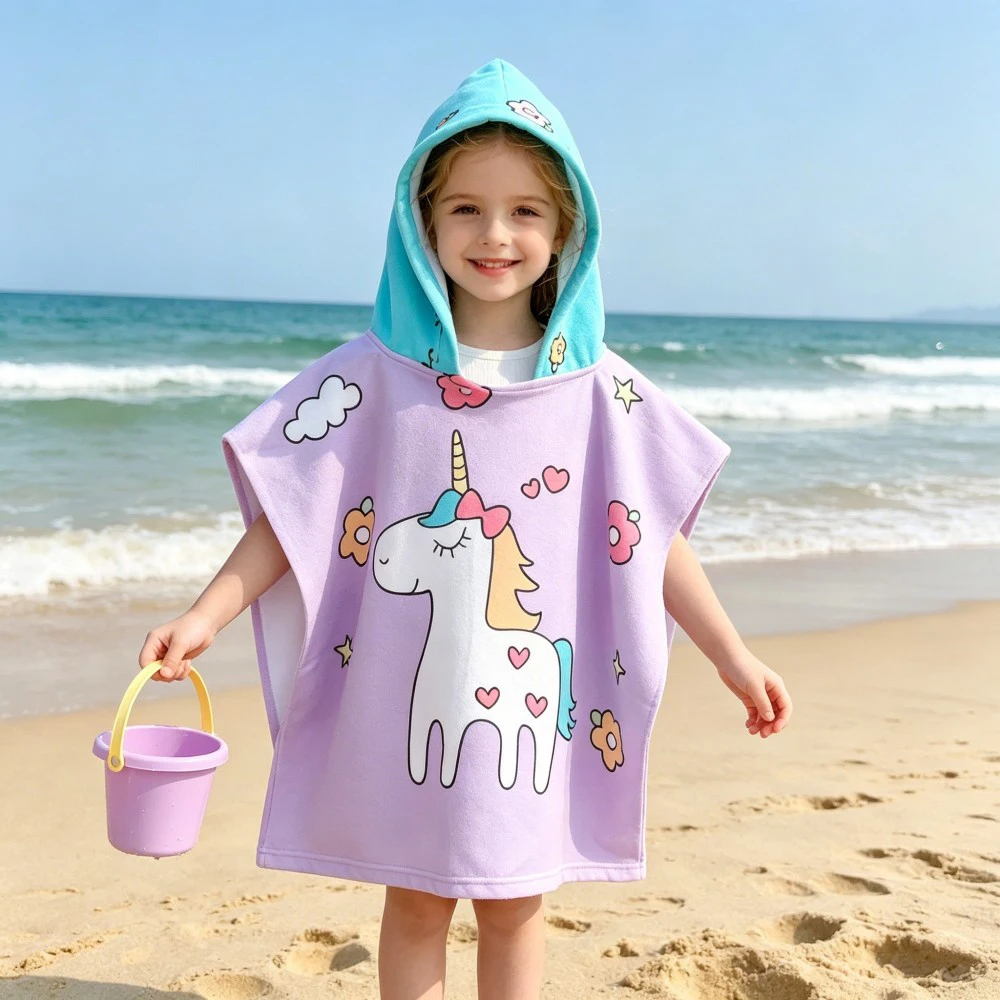 Kids Hooded Beach Towel, Quick Dry Microfiber Bath Poncho Soft Absorbent Swim Robe for Girls, Pool Changing Towel Cover Up