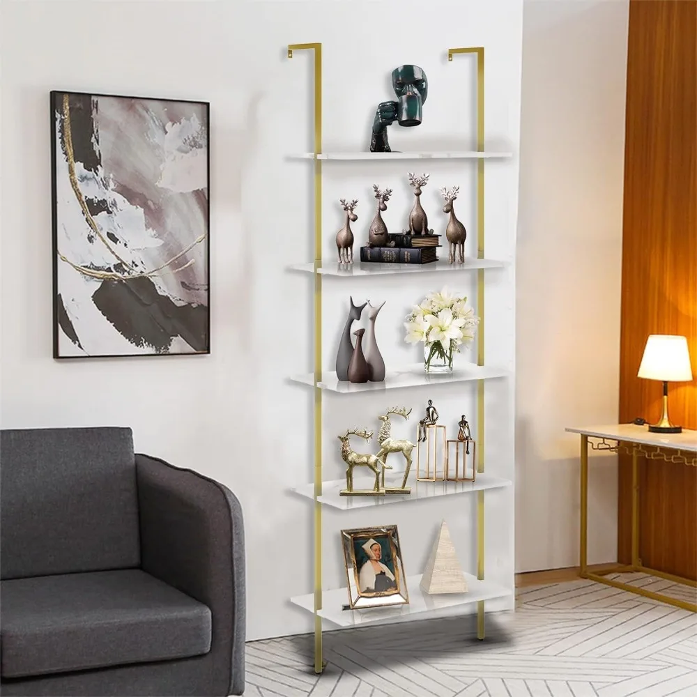 Półka schodkowa z białego marmuru, 5-poziomowy, ścienny regał na książki z drewna, industrialny, nowoczesny stojak na rośliny i kwiaty, organizer wielofunkcyjny.