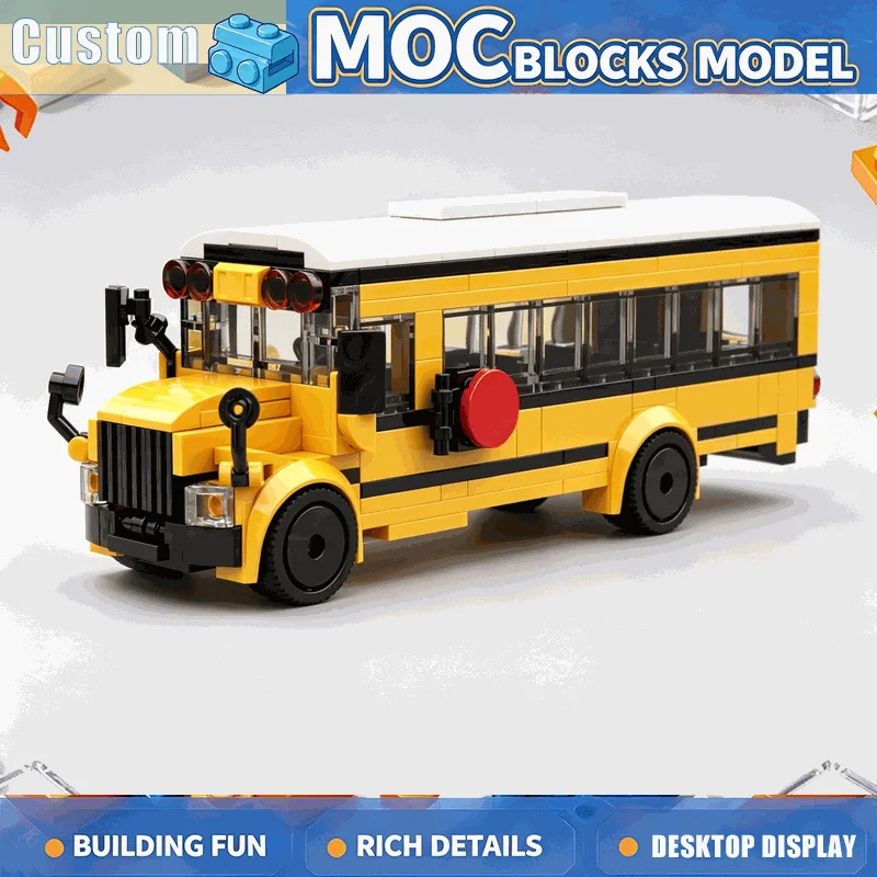 NEW 284PCS Yellow School Bus Vehicle Model Custom Puzzle DIY Building Blocks Creative City Scene Collection Educational Toy Gift