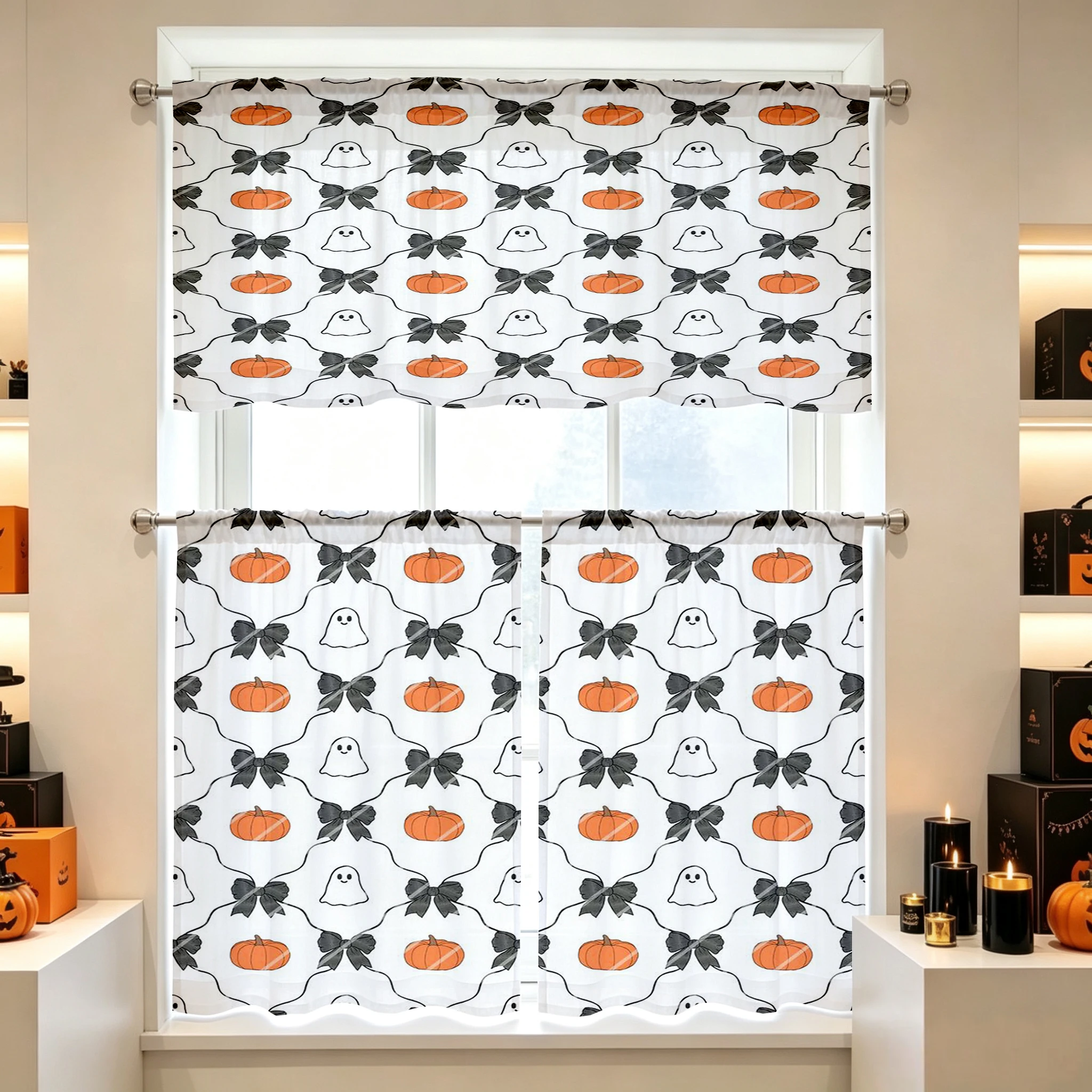 Halloween Fall Kitchen Curtains, Bow Pumpkin Ghost Diamond, Digital Print, Kitchen Dining Room, Rod Pocket Polyester, Home Decor