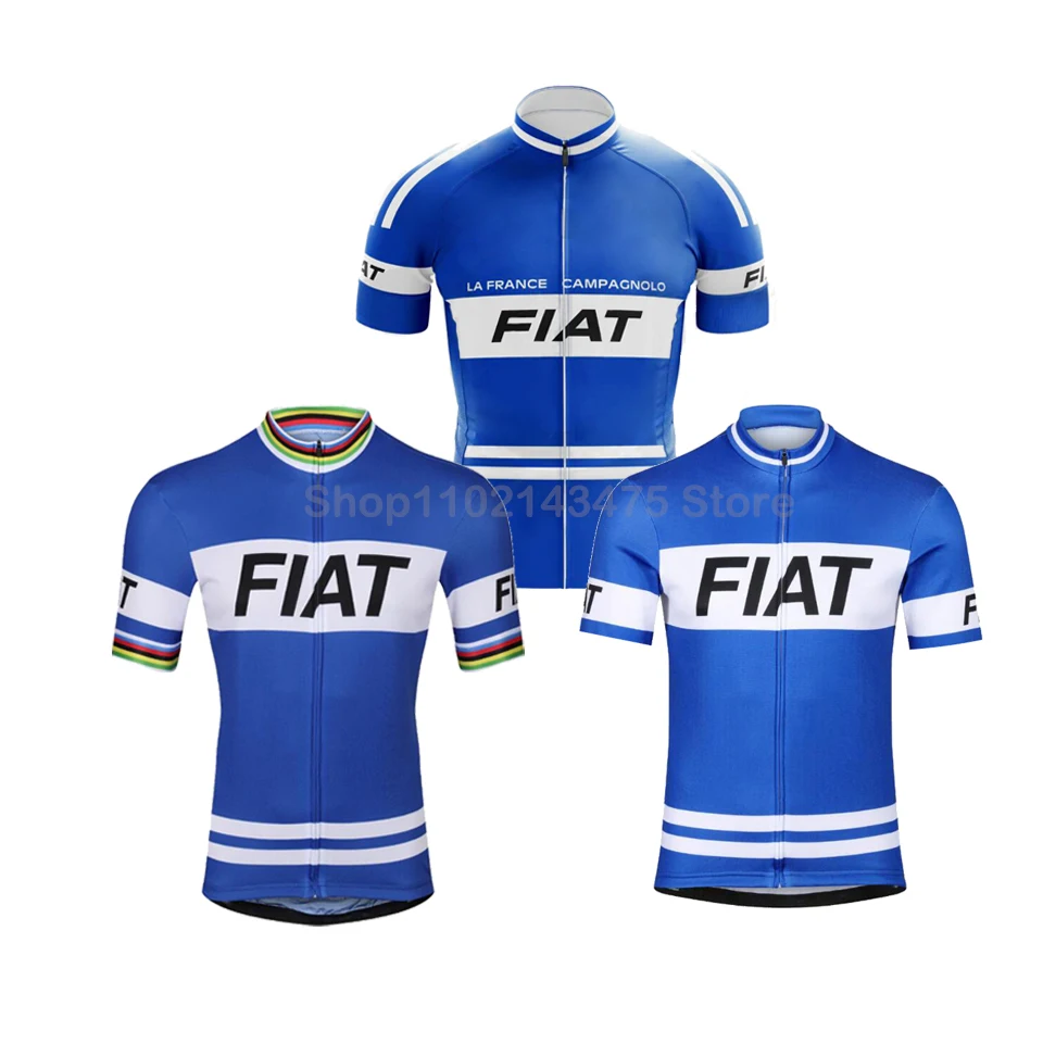 Fiat Team Retro Ciclismo Jersey hombres transpirable bicicleta Mtb ropa azul bicicleta Jersey Maillot Ciclismo